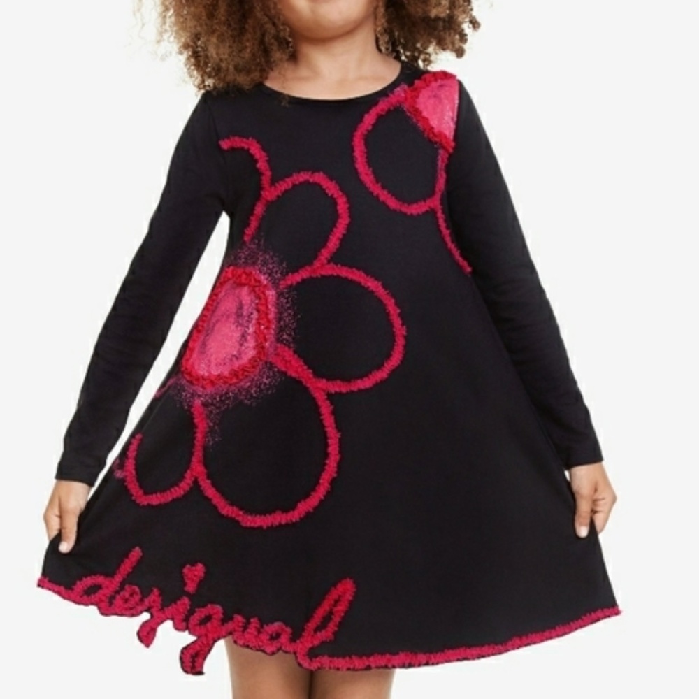 DESIGUAL floral ribbon long sleeve swing dress